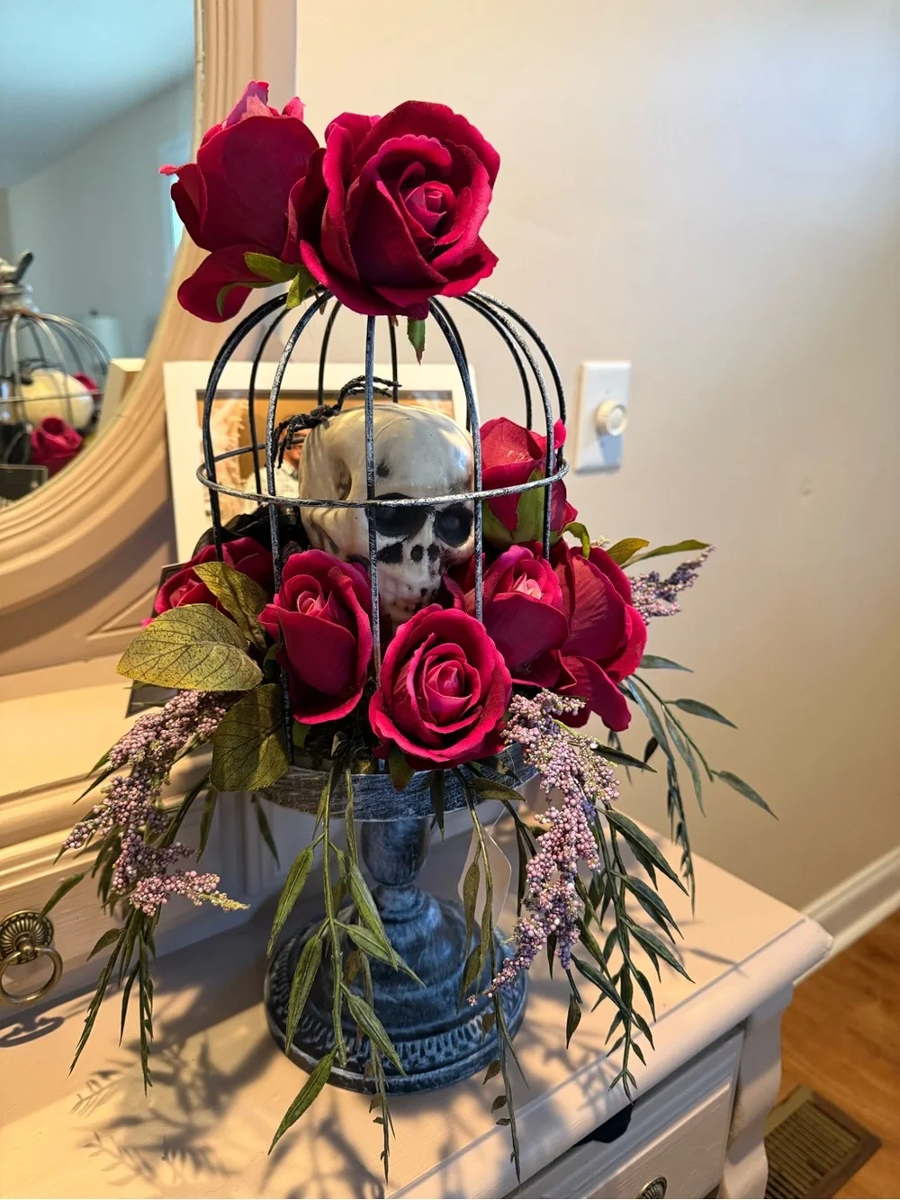 Martha Stewart 19’ Skull In Bird Cage with Dark Red Roses New With Tags